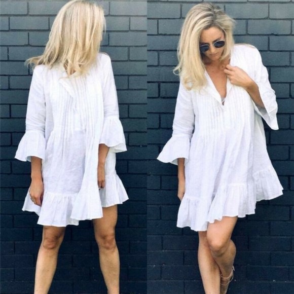 Boho Cotton White ruffle 3/4 sleeve boho gypsy mini dress - Picture 3 of 5